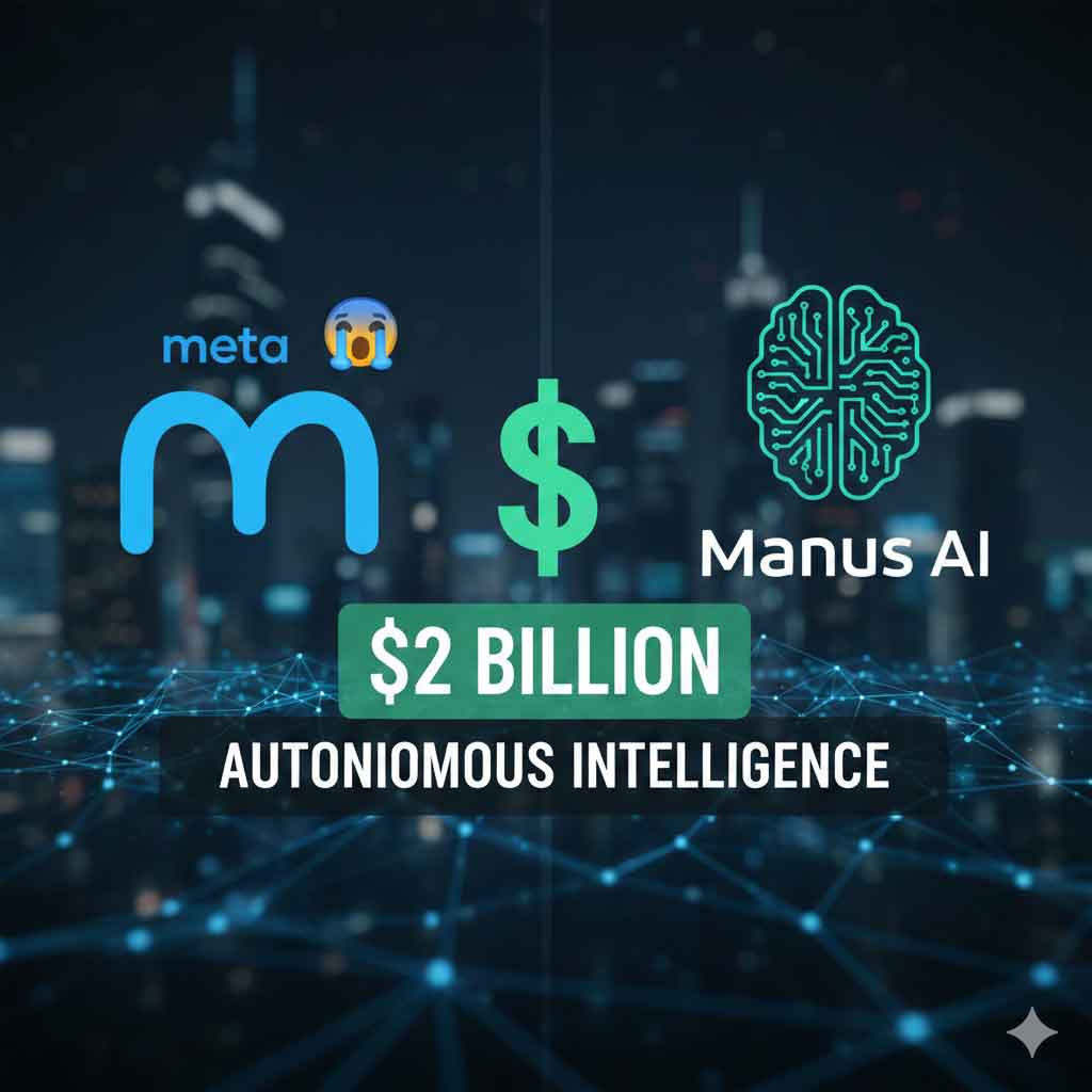 A sleek, high-tech split-screen graphic. On the left, the blue Meta logo transitions into the Manus AI brain-circuit icon. On the right, bold text reads "The Era of Action" over a $2 Billion+ price tag. The background features a glowing neural network connecting Singapore and Silicon Valley, symbolizing the global tech bridge.