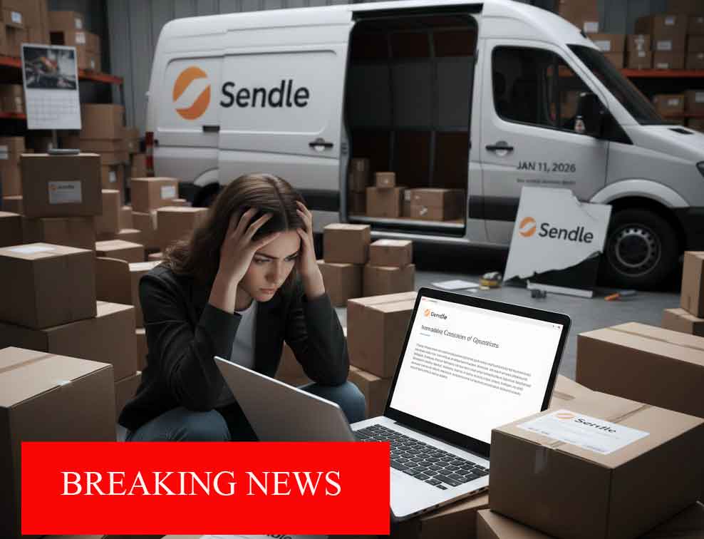 A stressed female small business owner sitting among unsent Sendle parcels in a warehouse, looking at a laptop with a shutdown notice. A Sendle van is visible in the background.