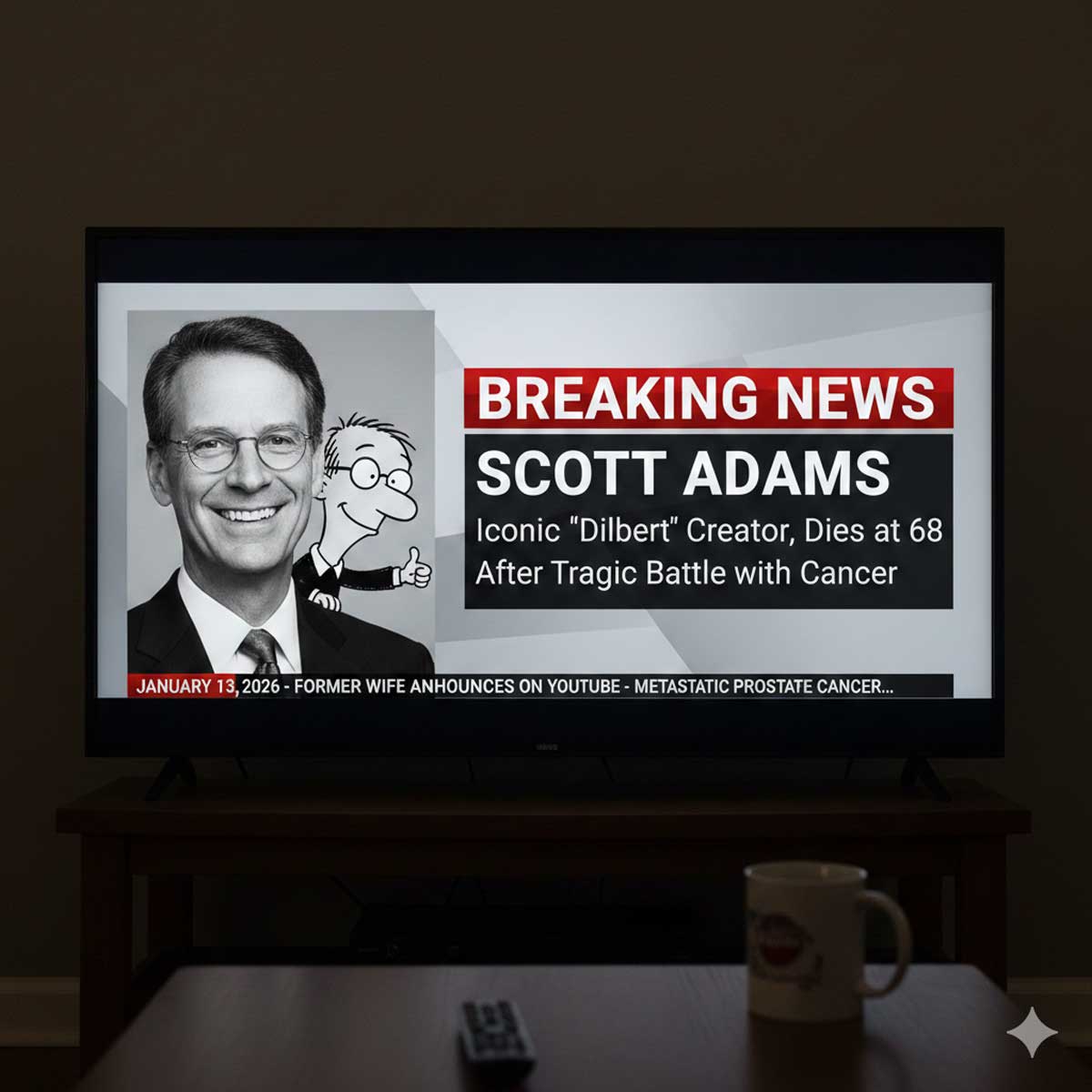 A television screen in a dimly lit room displaying a breaking news graphic about Scott Adams. The graphic features a black-and-white portrait of Scott Adams alongside his cartoon character Dilbert. Text on the screen reads: "Breaking News: Scott Adams, Iconic Dilbert Creator, Dies at 68 After Tragic Battle with Cancer," with a news ticker at the bottom mentioning the January 13, 2026 date.