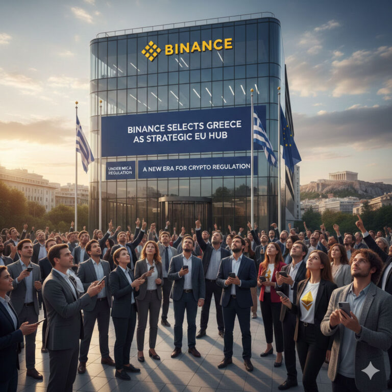 A modern, glass-fronted Binance headquarters building in Athens, Greece, featuring large digital banners announcing its selection as a strategic EU hub