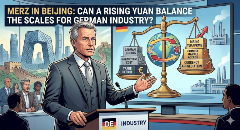 An editorial illustration of a German political figure at a podium in Beijing, showing a scale balancing "German Exports" and "Trade Deficit" against a "Rising Yuan" and "Chinese Market Access."