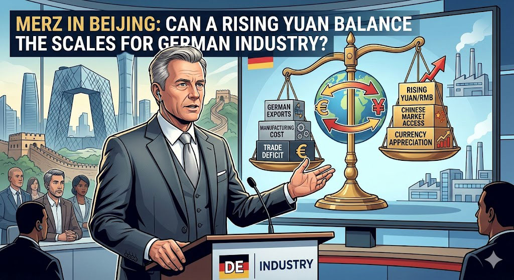 An editorial illustration of a German political figure at a podium in Beijing, showing a scale balancing "German Exports" and "Trade Deficit" against a "Rising Yuan" and "Chinese Market Access."