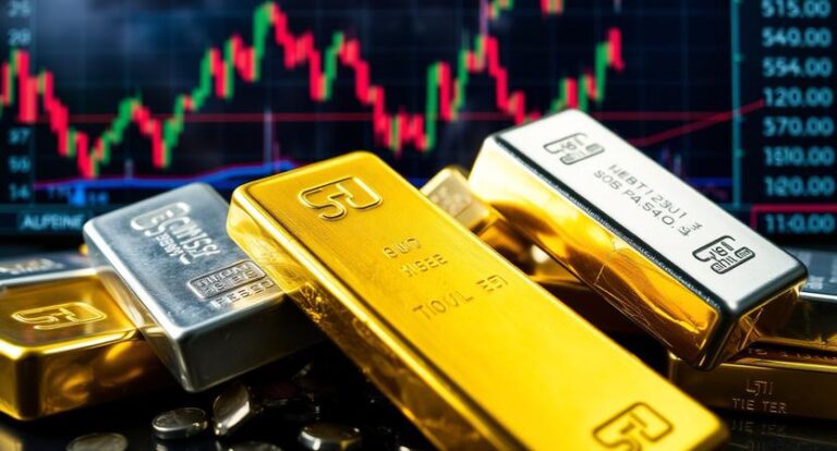 a dramatic financial market scene showing gold and si