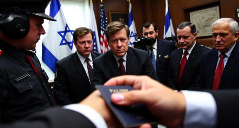 a dramatic scene of tucker carlson being interrogated