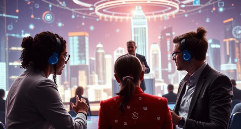 a futuristic business scene showing a small team of d