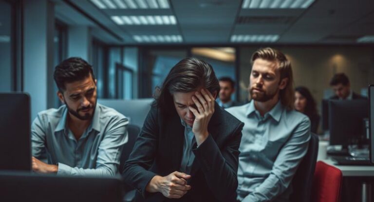 a professional workplace scene showing silent burnout