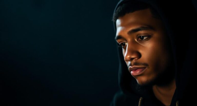 a somber portrait of a young hip hop artist in a refl