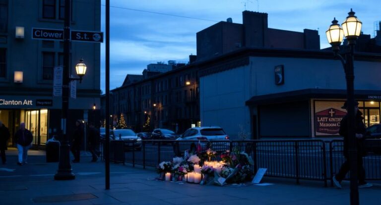 a somber scene of the lower east side at dusk with a