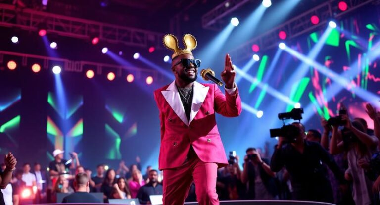 a vibrant and dynamic scene of bad bunny performing o