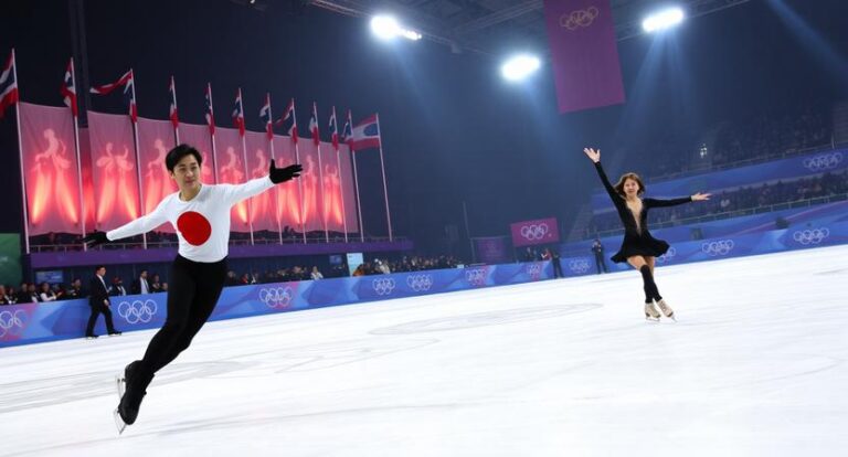 an olympic figure skating scene in milan with a japan