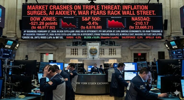 Wide shot of the New York Stock Exchange floor on February 27, 2026, featuring a large digital ticker display showing the Dow Jones down 521.28 points and the S&P 500 down 0.4%, with traders appearing stressed in the foreground.