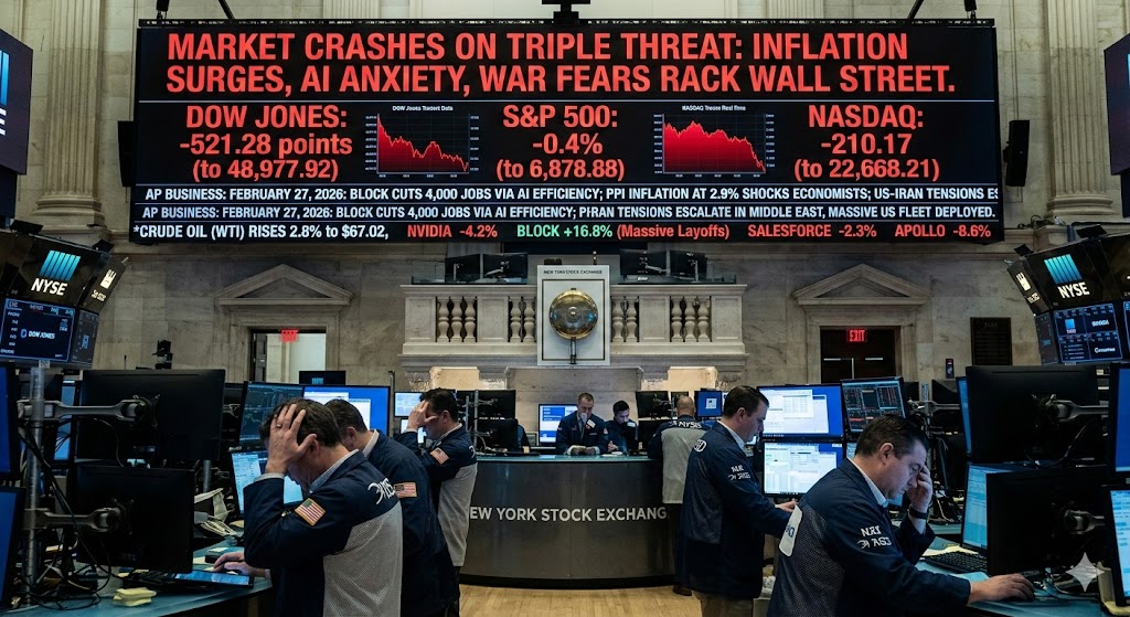 Wide shot of the New York Stock Exchange floor on February 27, 2026, featuring a large digital ticker display showing the Dow Jones down 521.28 points and the S&P 500 down 0.4%, with traders appearing stressed in the foreground.