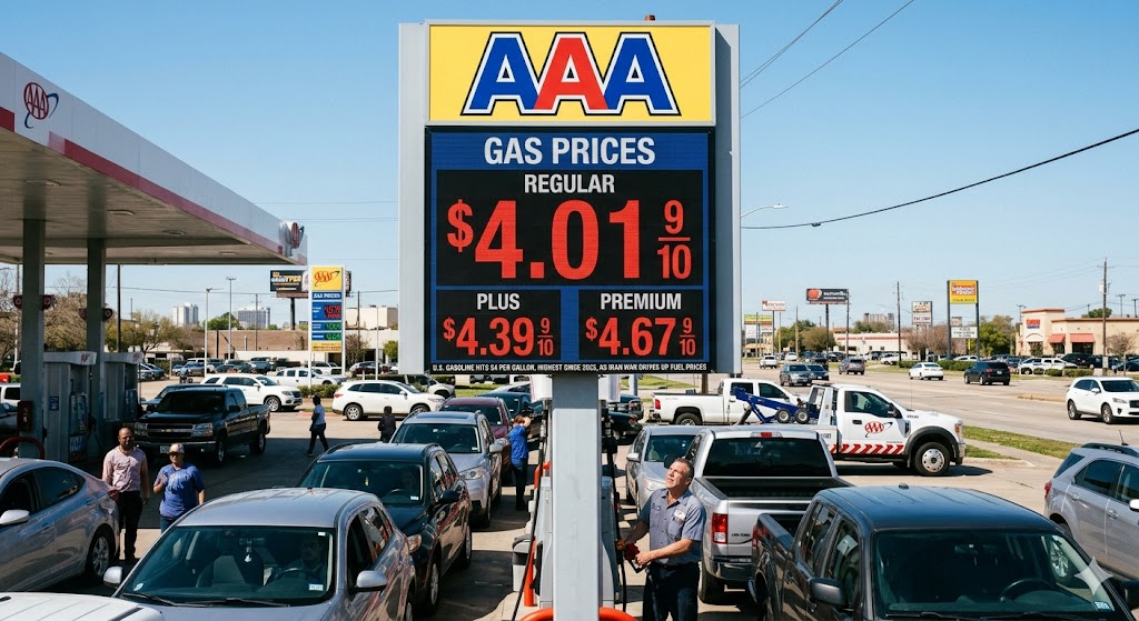 A busy gas station during the day with a large digital AAA sign displaying regular gas at $4.01, plus at $4.39, and premium at $4.67. A long line of cars is waiting to pump fuel.