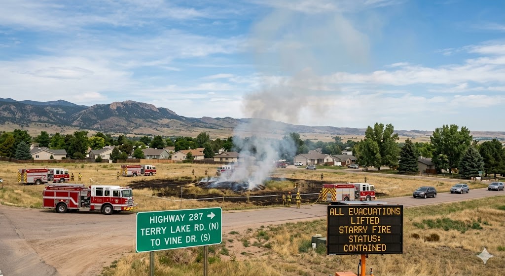 Larimer County, Colorado, wildfire response, Poudre Fire Authority, Starry Fire containment, evacuations lifted, scene photograph, Highway 287, Terry Lake Road sign, electronic message board, emergency vehicles, firefighters, mountains in background, smoke plume, wildland fire, public safety.