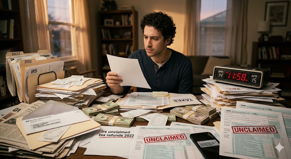 A person sitting at a desk cluttered with 2022 tax forms, a digital clock showing 11:58 PM, and a "URGENT" notice from the IRS.