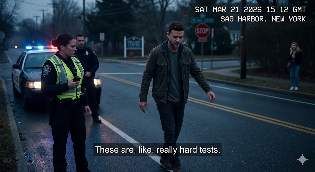 Redacted police bodycam still of Justin Timberlake performing a field sobriety test in Sag Harbor, NY.