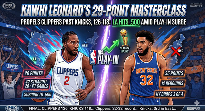 Kawhi Leonard’s 29-Point Masterclass Propels Clippers Past Knicks, 126-118: LA Hits .500 Amid Play-In Surge