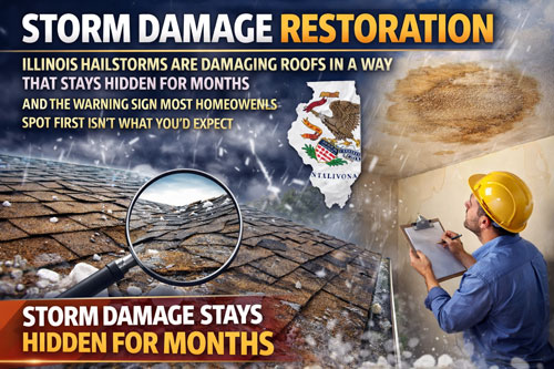 Storm damage restoration concept showing Illinois hailstorm roof damage with hidden shingle impact, magnified inspection view, and indoor ceiling water leak being assessed by contractor