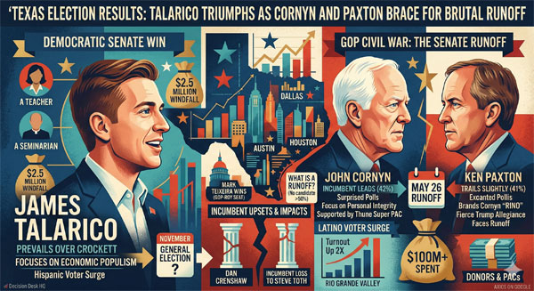 TEXAS ELECTION RESULTS: Talarico Triumphs as Cornyn and Paxton Brace for Brutal Runoff