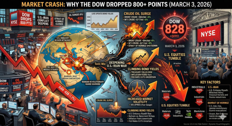 What caused the Dow to drop 800 points today just after the USA iran conflict?