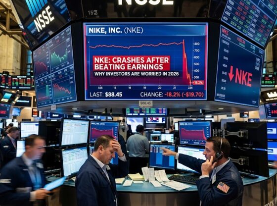 A digital trading floor monitor at the NYSE showing Nike (NKE) stock dropping 18.2% to $88.45 despite beating earnings, with stressed traders in the background.