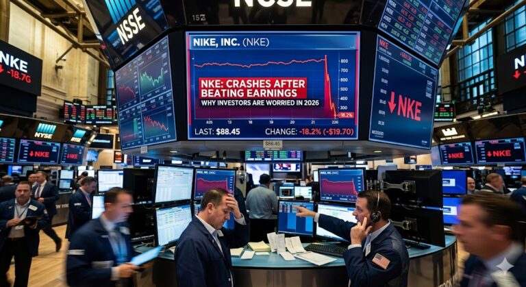 A digital trading floor monitor at the NYSE showing Nike (NKE) stock dropping 18.2% to $88.45 despite beating earnings, with stressed traders in the background.