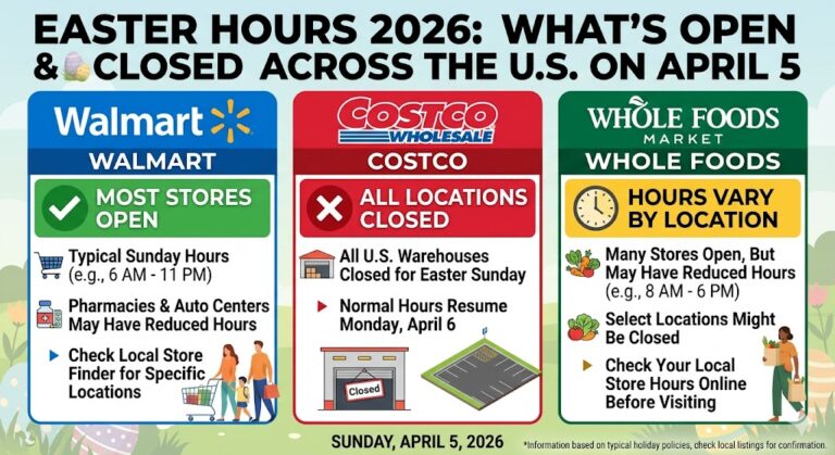 Walmart, Costco, and Whole Foods Easter Hours 2026: What’s Open and Closed Across the U.S. on April 5 6 Walmart, Costco, and Whole Foods Easter Hours 2026