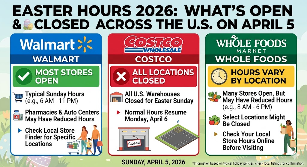 Walmart, Costco, and Whole Foods Easter Hours 2026: What’s Open and Closed Across the U.S. on April 5 1 Walmart, Costco, and Whole Foods Easter Hours 2026