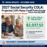 2027 Social Security COLA headline graphic showing elderly couple reviewing a $2,037.52 Social Security check with 3.8% increase projection and solvency concerns warning