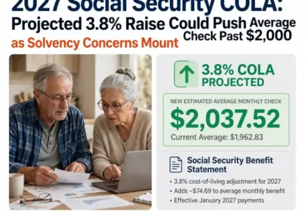 2027 Social Security COLA headline graphic showing elderly couple reviewing a $2,037.52 Social Security check with 3.8% increase projection and solvency concerns warning