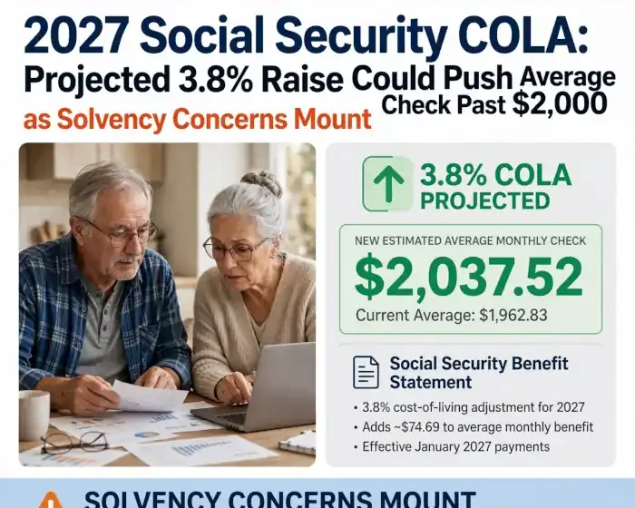2027 Social Security COLA headline graphic showing elderly couple reviewing a $2,037.52 Social Security check with 3.8% increase projection and solvency concerns warning